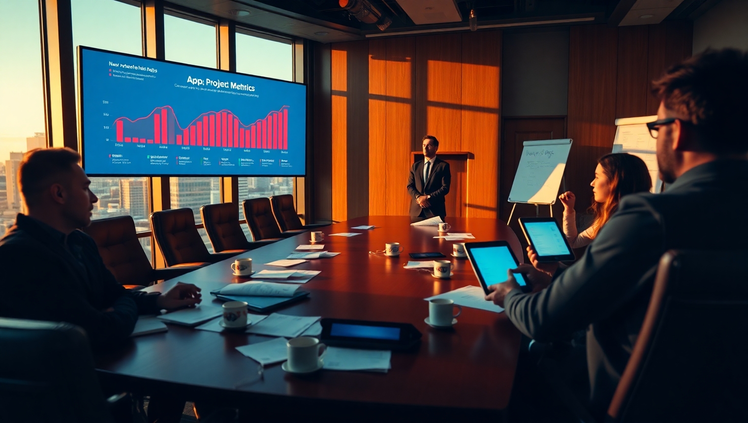 Tense corporate boardroom scene in Louisiana showing executives reviewing failed mobile app project metrics on large display screen, with scattered documents and concerned expressions highlighting the high cost of unsuccessful enterprise app development.