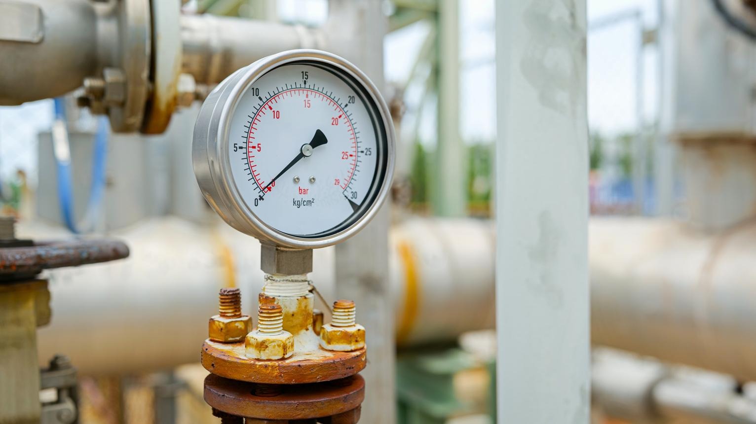 A pressure gauge installed on a chemical pipeline measures internal pressure, ensuring safety, accuracy,