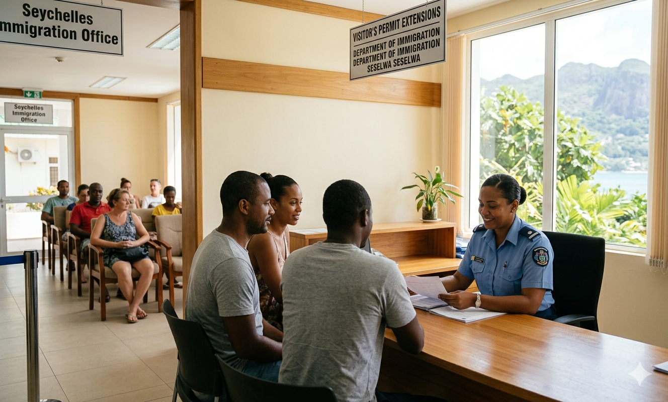 A group of people sits in a waiting area inside the Seychelles Immigration Office. In the foreground, three individuals are seated across from a smiling immigration officer in uniform, who is reviewing documents at a wooden desk. Behind them, several others wait patiently in chairs lined up against the wall. Large windows let in natural light and reveal a lush, tropical landscape with greenery and distant mountains outside. Signs hanging from the ceiling indicate this is the visitor's permit extensions section of the immigration department. The atmosphere is orderly and calm.
