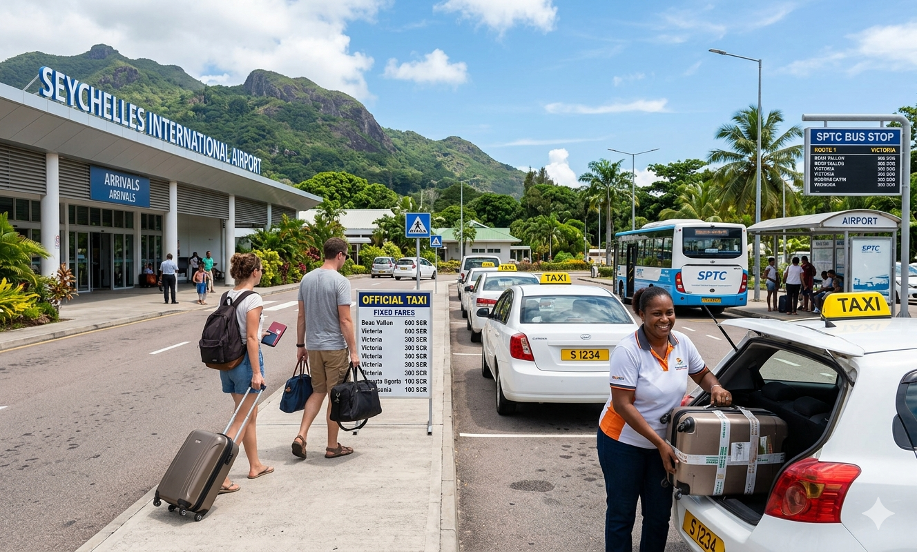 A busy scene outside Seychelles International Airport shows travelers and transportation options. In the foreground, a smiling woman wearing a white and orange polo shirt loads a suitcase into the trunk of a white taxi with a yellow "TAXI" sign on top. Behind her, a line of taxis waits in a designated taxi zone. On the left, two travelers a man and a woman walk toward the airport entrance, the woman pulling a rolling suitcase and holding a tablet. The airport building features large glass doors and an "ARRIVALS" sign. In the background, a blue and white SPTC bus is parked at a bus stop labeled "AIRPORT," with a group of people waiting nearby. Lush green trees and hills rise behind the airport under a partly cloudy sky.