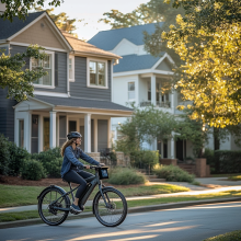 AI image of the facade of two houses in a suburban setting with a bike driving on the street