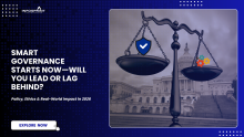 A promotional banner by Infosprint Technologies showcasing the theme "Smart Governance Starts Now—Will You Lead or Lag Behind?". The visual features the U.S. Capitol building in the background with a symbolic scale of justice. On one side, a shield with a checkmark represents trust and policy; on the other, colorful gears symbolize innovation and AI. This image reflects the growing role of AI-driven public services in 2026, highlighting the balance between ethics and innovation. The graphic invites viewers 