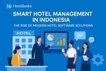 Smart Hotel Management in Indonesia: The Rise of Modern Hotel Software Solutions” by HostBooks. The design features business professionals managing hotel operations using digital tools and dashboards. A hotel building, charts, and communication icons are shown on a blue background (#0071BC) symbolizing technology and efficiency in hotel ERP and software systems in Indonesia.