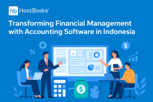 An infographic by HostBooks showcasing professionals collaborating with digital accounting tools, charts, and reports to represent how accounting software is transforming financial management in Indonesia. The design features a blue background with the HostBooks logo at the top left and the title aligned horizontally beside it. 