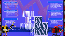 Advanced crash prevention tips for Black Friday — infographic showing six strategies including pre-caching hot pages, virtual queue systems, service warm-ups, isolating checkout, blocking fake traffic, and enabling fallback mode, created by Infosprint Technologies.