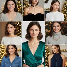 Collage of women showcasing various necklaces against festive backgrounds.