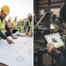 A split-screen view of engineers reviewing blueprints and a technician using a tablet during industrial welding.