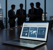 inancial experts analyzing business intelligence data on holographic screens featuring global heatmaps, interactive dashboards, and geospatial route optimization.