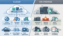 Side-by-side illustration comparing cloud and on-premise infrastructure. The cloud section highlights multi-region architecture, global connectivity, managed services, scalability, virtual networks, cross-region replication, and SaaS applications, while the on-premise section shows dedicated servers, physical firewalls, private networks, backup systems, direct control, and compliance management