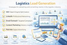 Infographic illustrating logistics lead generation strategies with digital marketing tools, laptop dashboard, megaphone, CRM integration icons, and supply chain elements in the background.