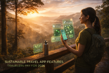 Woman with backpack uses phone displaying eco app in forest at sunrise. Text: "Sustainable Travel App Features Travelers Pay For 2026."