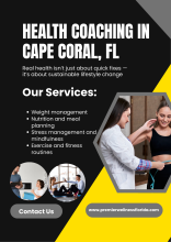 Health Coaching in Cape Coral, FL banner by Premier Wellness Florida featuring a wellness coach measuring a client’s waist and highlighting services like weight management, nutrition planning, stress management, and fitness coaching.
