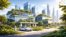 Sustainable commercial buildings with green infrastructure representing ESG and sustainability consulting in Dubai