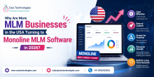 Monoline MLM software dashboard showing a simplified single-line network structure with automated commissions, crypto integration, compliance tools, and scalable business growth features.