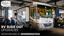A Class A Motorhome parked inside A Workshop for Slide Out Repair Services