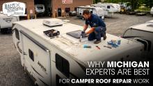 An RV Technician Repairing a Jayco Camper Roof Outside of a Workshop