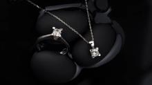 solitaire diamond ring and a diamond pendant with chain is displaying against a black background.