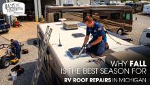 A Technician Doing Roof Sealing of a Class A Motorhome