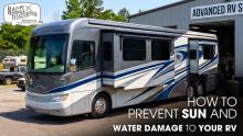 A Branded New Class A Motorhome Parked Outside of a Workshop for Repair Works