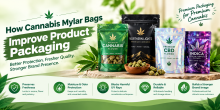 Custom cannabis Mylar bags in green, black, holographic silver, and purple designs, showcasing premium packaging.