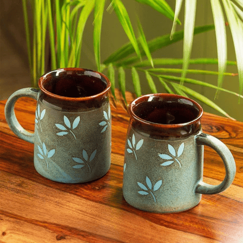 2 Set Leaf Pattern Ceramic Mugs 