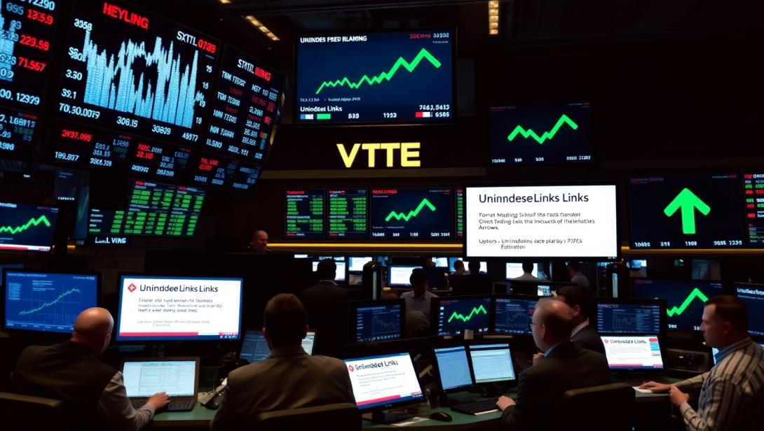 A financial trading floor with:  Frozen stock tickers showing stagnant rankings  Traders frustrated at terminals displaying "Unindexed Links" errors  Link Indexer Pro as a system update activating green upward trend arrows