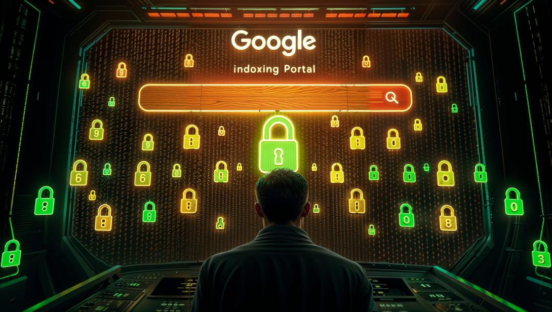 A frustrated SEO specialist faces a giant "Google Indexing Portal" (futuristic search console). Their backlinks appear as tiny locked doors floating in a dark void, with only 10% glowing green (indexed). They insert a glowing "Priority Crawl Request" key into one lock, instantly turning it green.