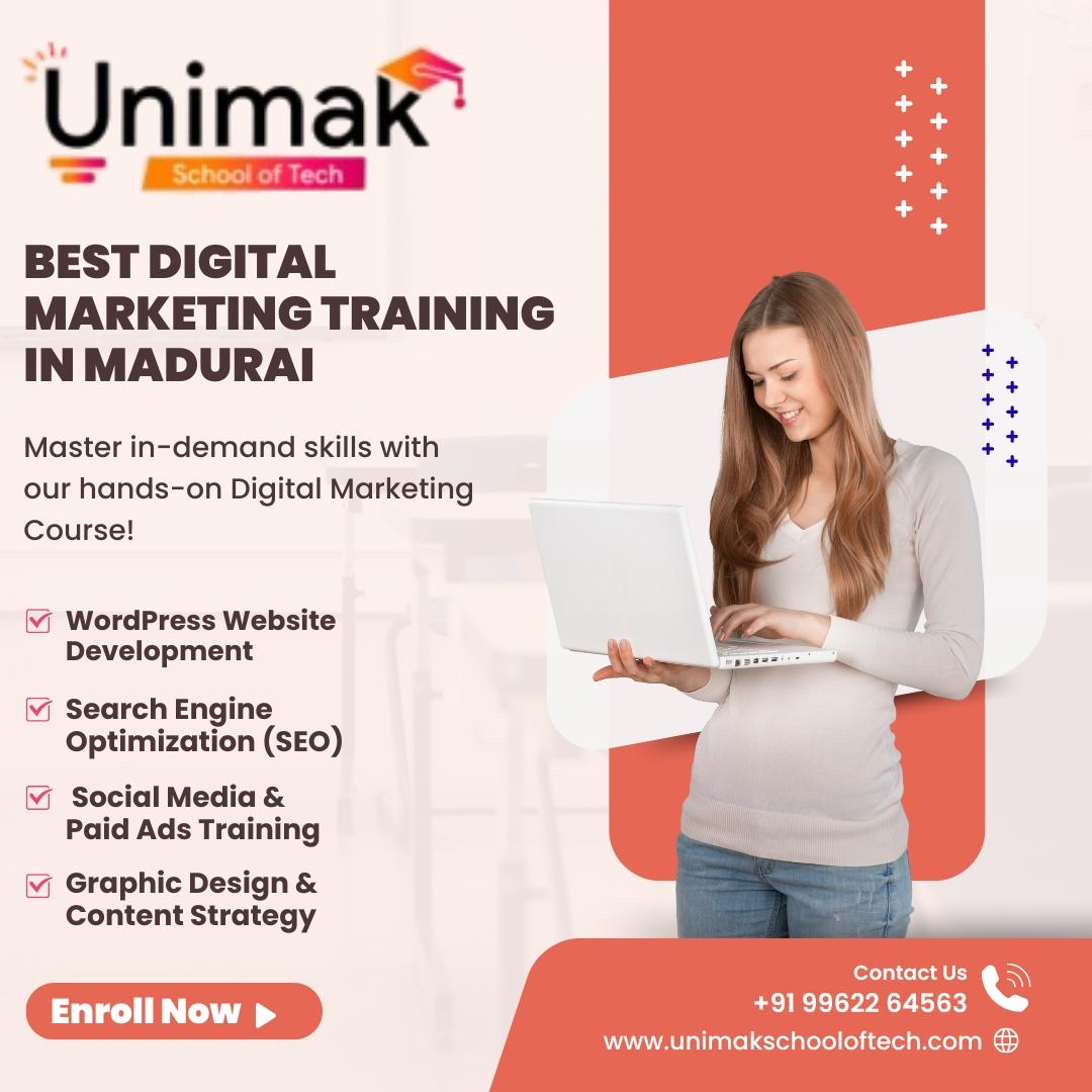 Students learning digital marketing, SEO, WordPress, and graphic design at Unimak School of Tech in Madurai – job-ready training with certification.