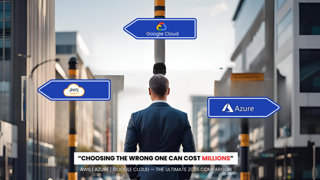 Business professional standing at a crossroads with signboards pointing to AWS, Google Cloud, and Microsoft Azure, symbolizing the critical decision of choosing the right cloud platform in 2025 — AWS vs Azure vs GCP comparison.
