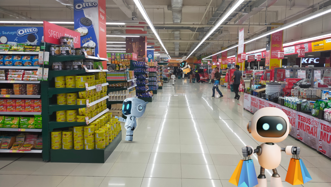 Robots using AI, IoT, and RPA in a smart retail store for inventory management, cashier-less checkout, and enhanced customer experience — showcasing retail automation trends 2026.