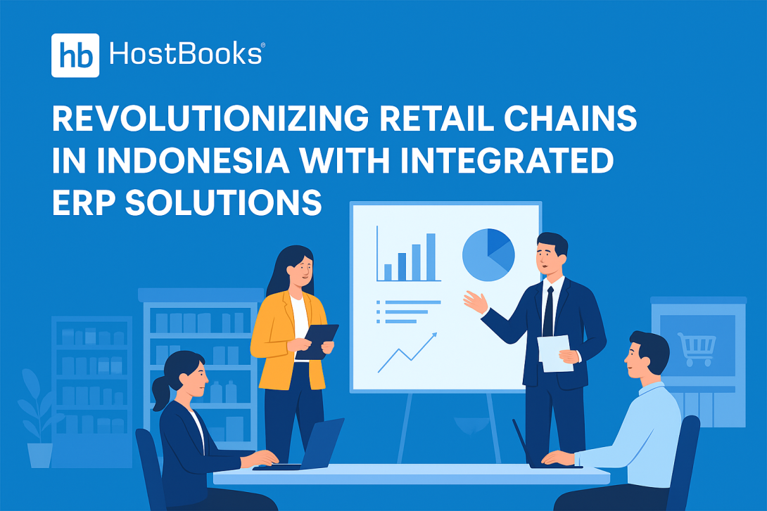 Illustration of a modern retail chain in Indonesia using integrated ERP solutions, showing seamless inventory management, sales tracking, and data analytics on digital devices. 