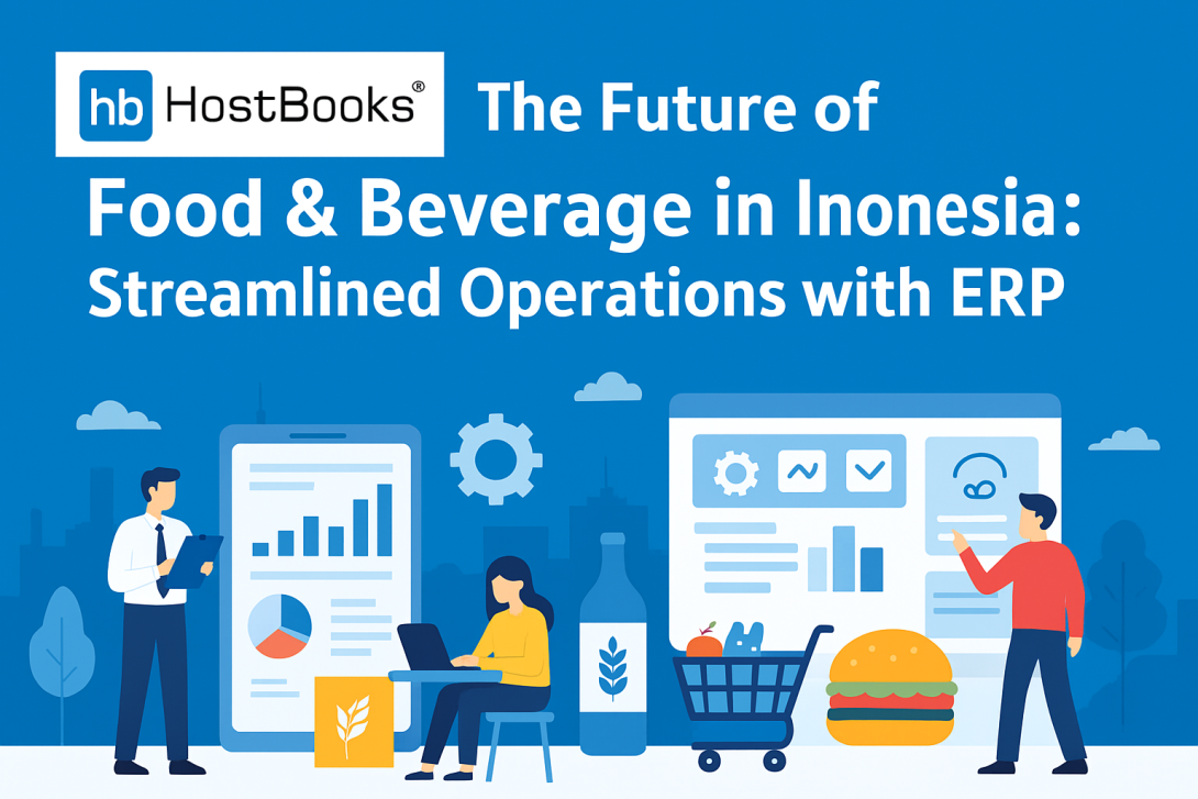 An illustrated banner for HostBooks titled “The Future of Food & Beverage in Indonesia: Streamlined Operations with ERP.” The HostBooks logo appears at the top left, with professionals analyzing charts, using laptops, and managing ERP dashboards surrounded by food items like a burger, a shopping cart, and a beverage bottle, set on a blue-themed background (#0071BC).