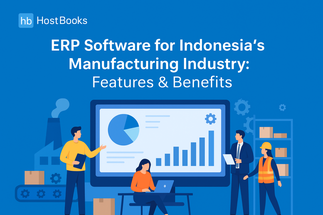 llustration showing Indonesia’s manufacturing industry enhanced with ERP software, highlighting features like real-time analytics, inventory management, production planning, and financial integration for streamlined operations. 