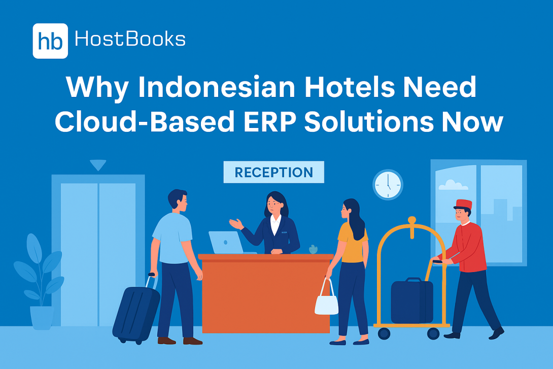 Hotel staff in Indonesia managing bookings, inventory, and finances using a cloud-based ERP system on laptops and tablets, illustrating efficient hotel operations and digital transformation. 