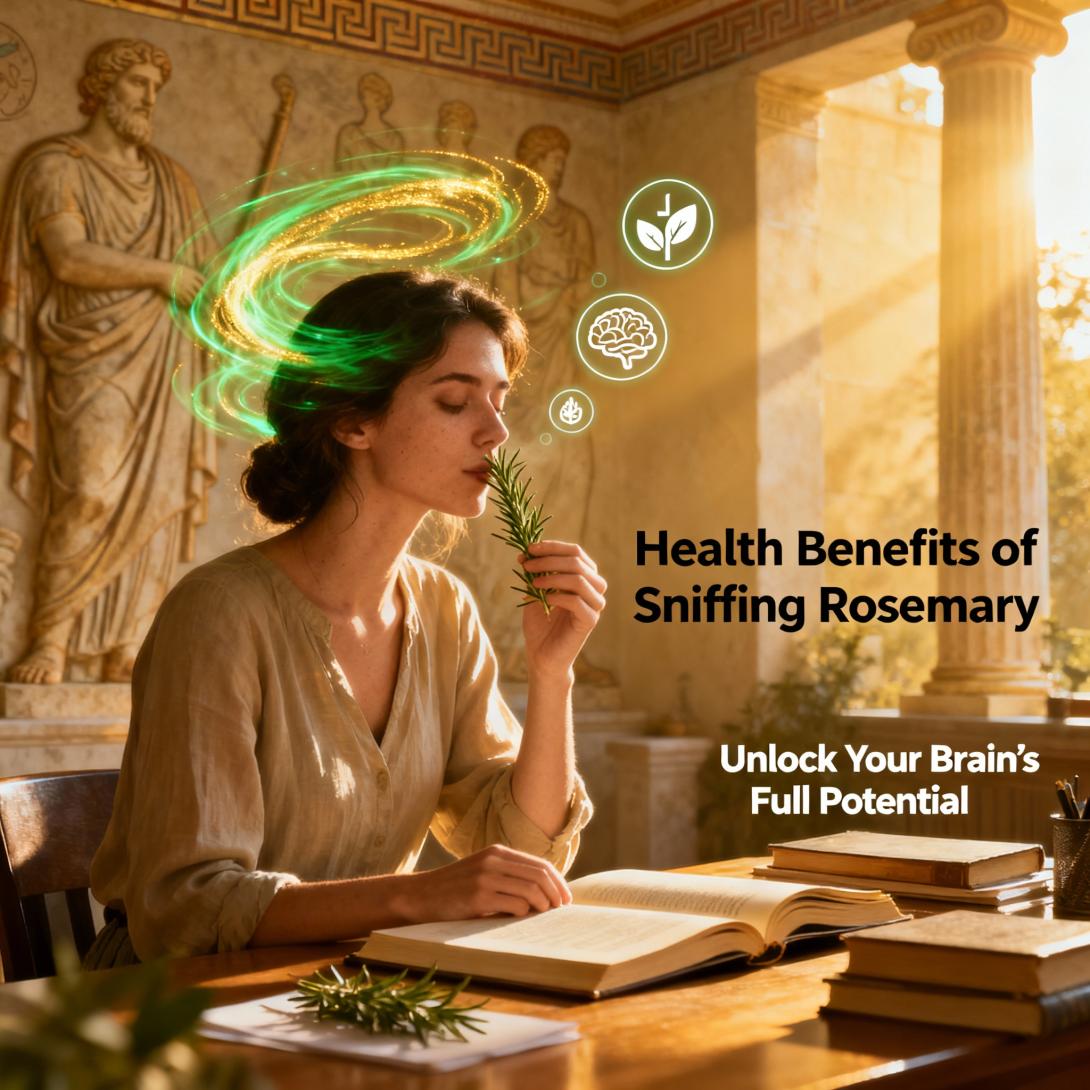 A woman protecting her health sniffing rosemary