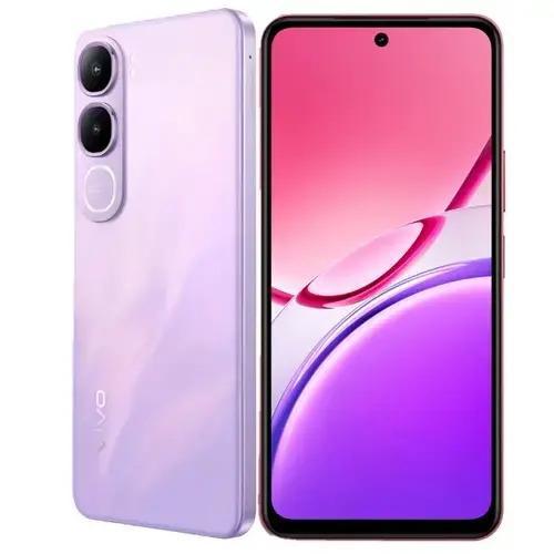 Vivo smartphone in lavender color with dual rear cameras and punch-hole display, shown with a free pair of wireless headphones as part of 11.11 mega deals promotion.