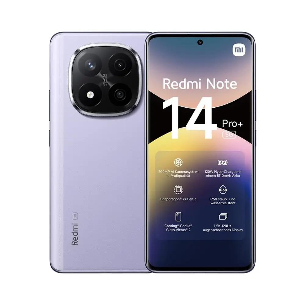 "Xiaomi Redmi Note 14 Pro Plus 5G smartphone in purple color showing front display and rear triple camera setup with 200MP AI camera, 120W HyperCharge, and Snapdragon 7s Gen 3 features – TechBazaar