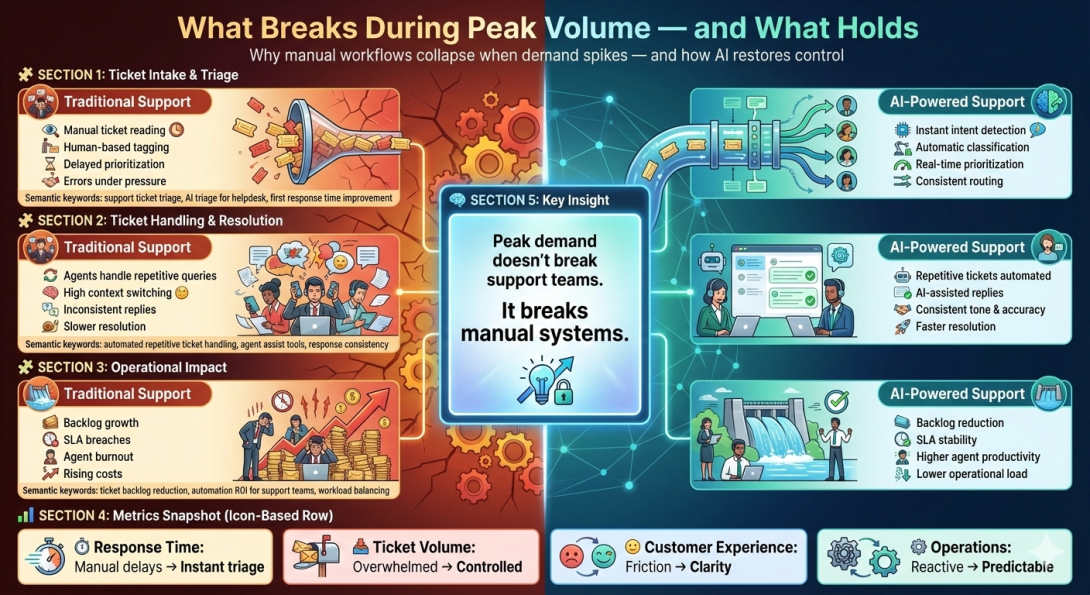 Infographic comparing traditional customer support and AI-powered support during peak demand, showing how manual ticket intake, resolution delays, and operational strain contrast with AI-driven triage, automated responses, faster resolution, SLA stability, and reduced agent workload.