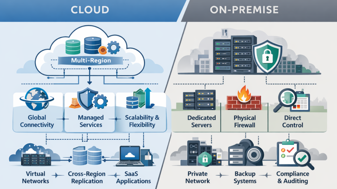Side-by-side illustration comparing cloud and on-premise infrastructure. The cloud section highlights multi-region architecture, global connectivity, managed services, scalability, virtual networks, cross-region replication, and SaaS applications, while the on-premise section shows dedicated servers, physical firewalls, private networks, backup systems, direct control, and compliance management
