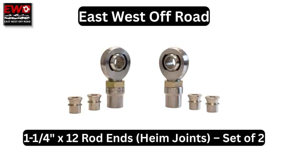 East West Offroad 1-1/4 inch x 12 heim joint kit set of 2 with stainless steel high misalignment spacers, jam nuts, and tube adapters.