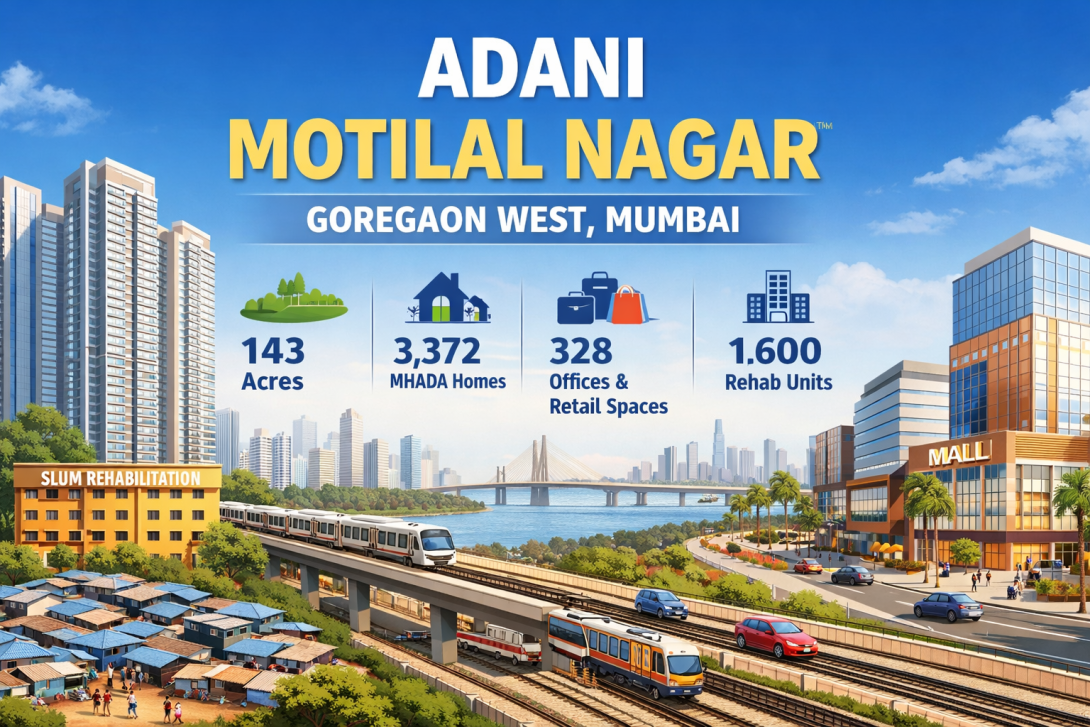 Adani Motilal Nagar is a large residential redevelopment project in Goregaon West, Mumbai, spread across 143 acres with MHADA homes, commercial spaces, and slum rehabilitation, currently under planning approval.
