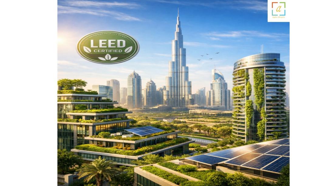 Futuristic Dubai skyline with LEED certified green buildings and solar panels