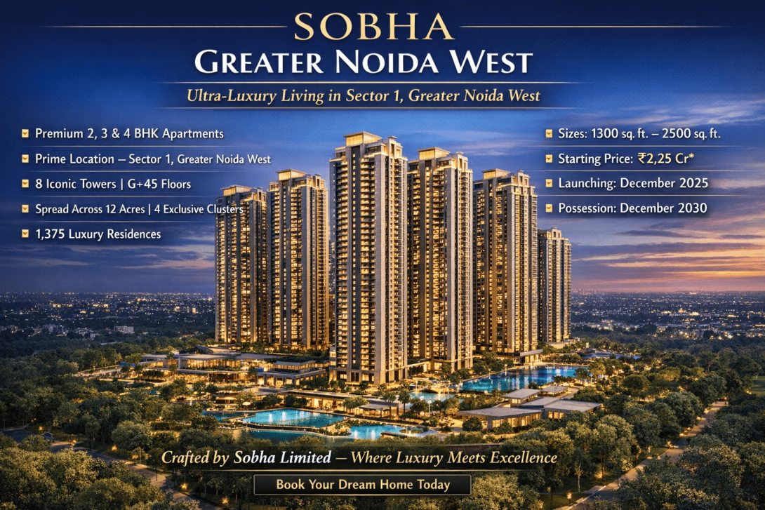 Explore Sobha Noida Extension in Sector 1, Greater Noida West. This ultra-luxury project by Sobha Limited offers spacious 2, 3 & 4 BHK apartments across 8 towers on 12 acres.