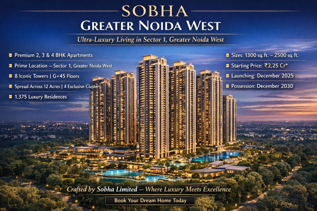 Sobha Noida Extension launches December 2025. Project offers 2,3,4 BHK luxury apartments at Sector 1. 12 acres, 8 towers, 1375 units. Price starts ₹2.25 Cr*. Possession 2030. Register now.