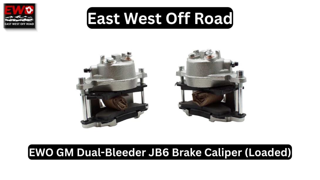 Pair of EWO GM Dual-Bleeder JB6 Brake Calipers (Loaded) R2236 showing silver cast iron housing, pre-installed semi-metallic pads, and ambidextrous bleeder screws for left or right side 14-bolt axle installation.