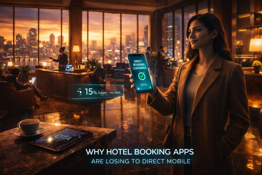 Woman in a cozy café with a city view holds a phone showing "Direct Booking Confirmed." Tablet displays OTA. Text: "15% lower - no fees."