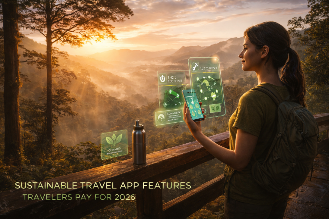 Woman with backpack uses phone displaying eco app in forest at sunrise. Text: "Sustainable Travel App Features Travelers Pay For 2026."