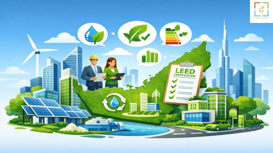 UAE sustainability illustration showing LEED consultants supporting green building certification and environmental performance