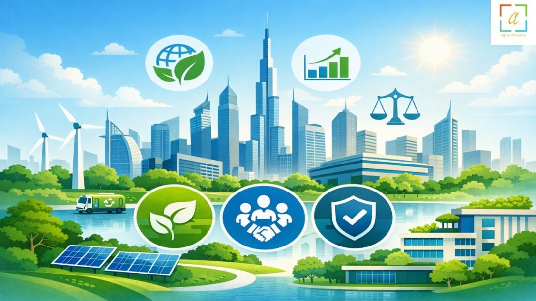 UAE skyline illustrating sustainability consultancy in Dubai and across the UAE with ESG consulting, green buildings, and renewable energy concepts