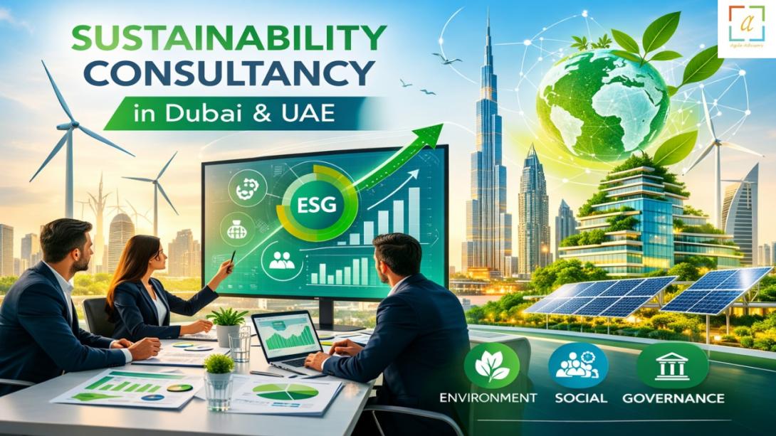 Sustainable city with green buildings solar panels and eco friendly infrastructure representing sustainability consultancy